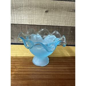 Vintage Viking Glass light blue satin footed Compote 5.5” Wide